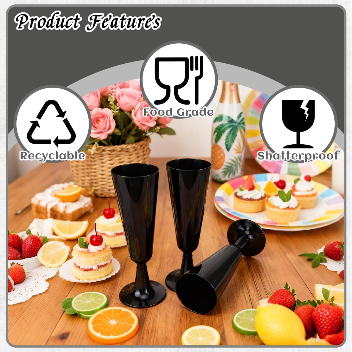 80 Pack Black Champagne Flutes,Plastic Disposable Champagne Flutes Bulk 5.5 oz Champagne Glasses,Black Wine Glasses Suitable for Wedding,Birthday and Graduation Decorations