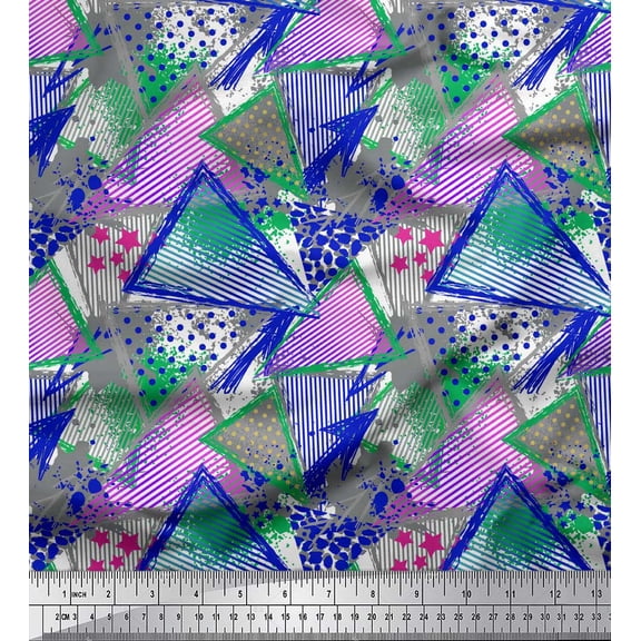 Soimoi Blue Poly Georgette Fabric Triangle & Brush Stroke Abstract Print Sewing Fabric Yard 42 Inch Wide