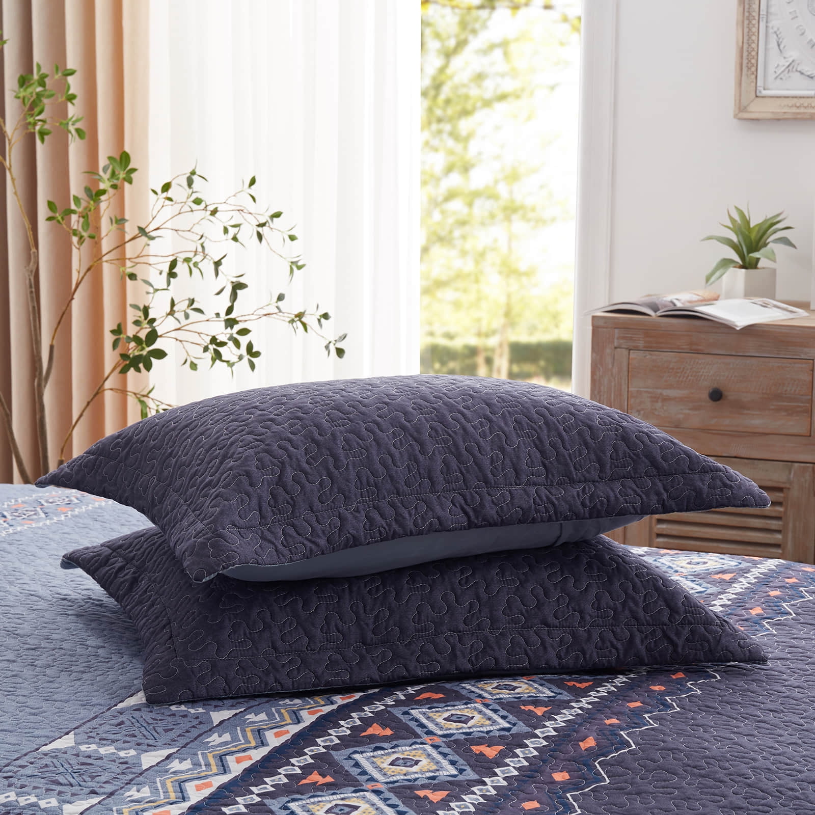 3-Piece King Size Quilt Set - Blue Bohemian Bedspread Coverlet with 2 Pillow Shams, Microfiber
