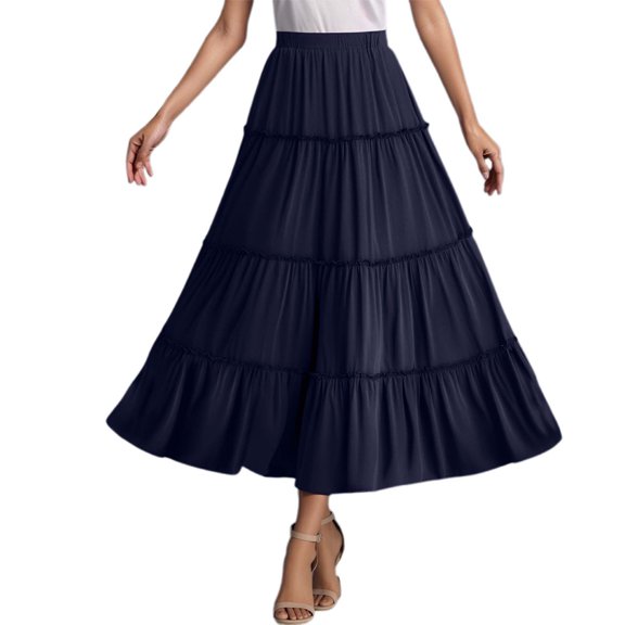 MIXUE Skirts For Women Summer Solid Color Elastic High Waist Ruffled Loose Maxi Skirt Sportwear,Blue,S