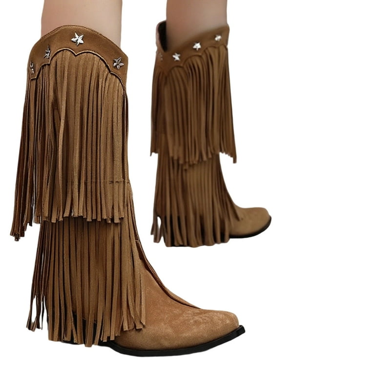 Miluxas Women's Extra Wide Calf Fringe Boots Wide Width Western - Main Image