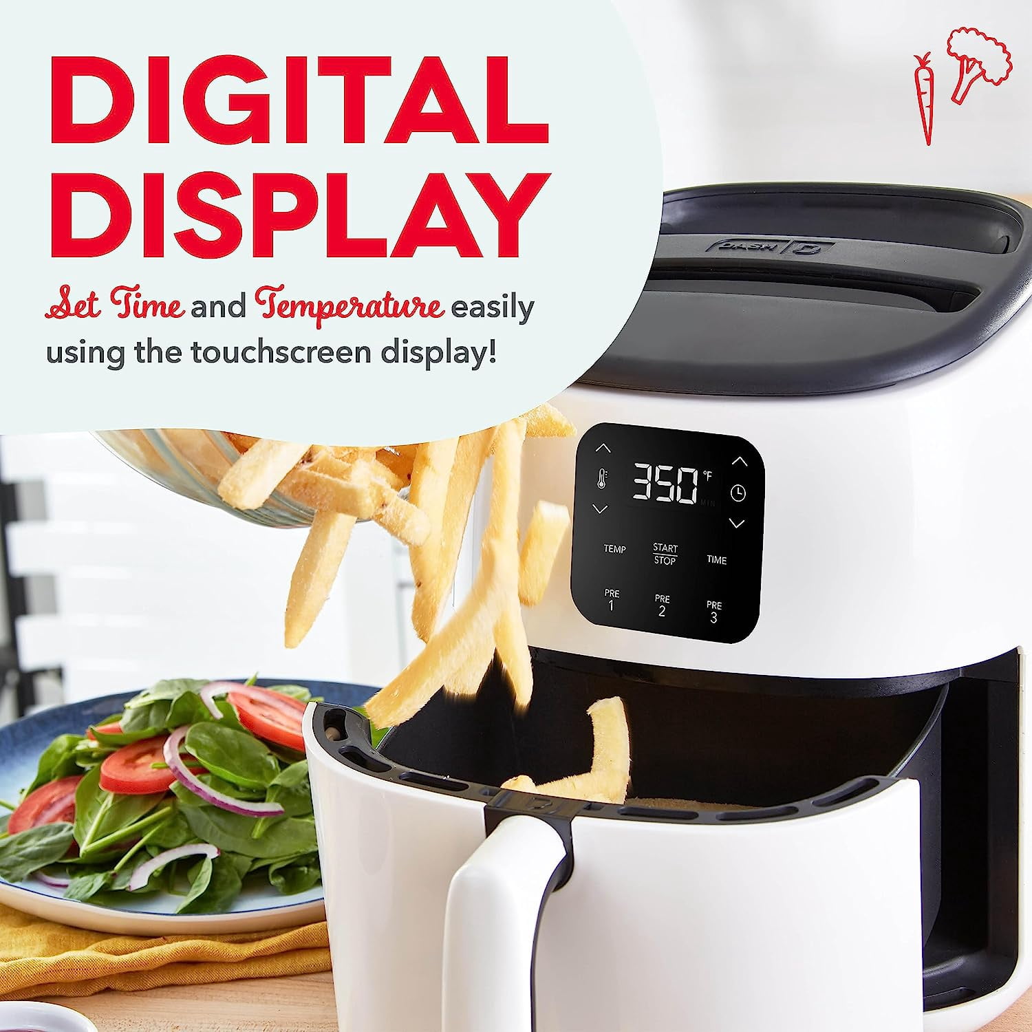 DASH Tasti-Crisp™ Electric Air Fryer Oven, 2.6 Qt., White – Compact Air Fryer for Healthier Food in Minutes, Ideal for Small Spaces - Auto Shut Off, Digital, 1000-Watt (White)- New