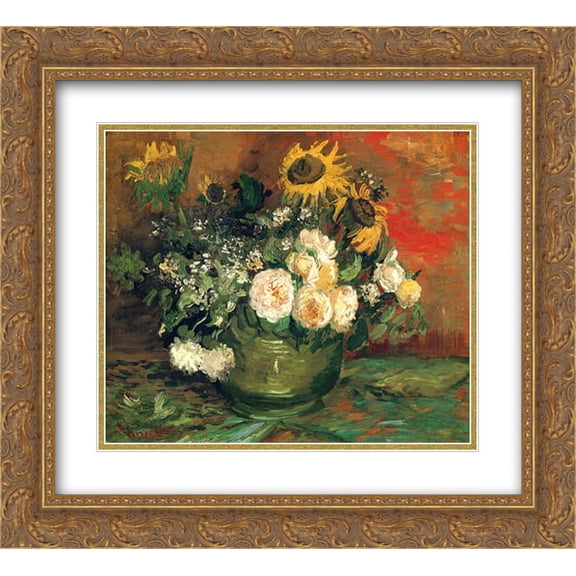 Vincent van Gogh 2x Matted 24x20 Gold Ornate Framed Art Print 'Still Life with Roses and Sunflowers'