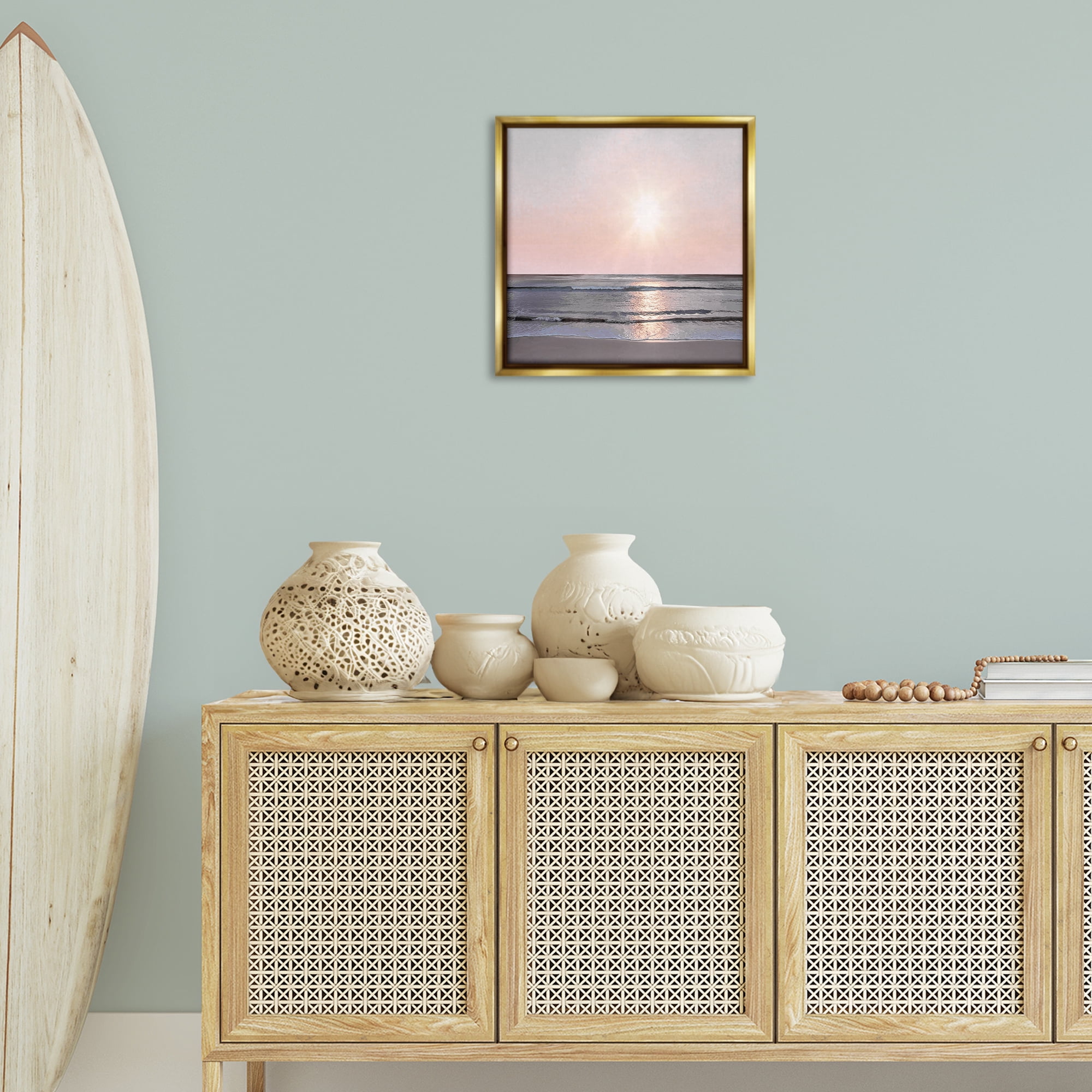 Stupell Industries Peach Sunrise over Beach Nautical & Beach Photography Gold Floater Framed Canvas Art Print Wall Art, 18 x 18