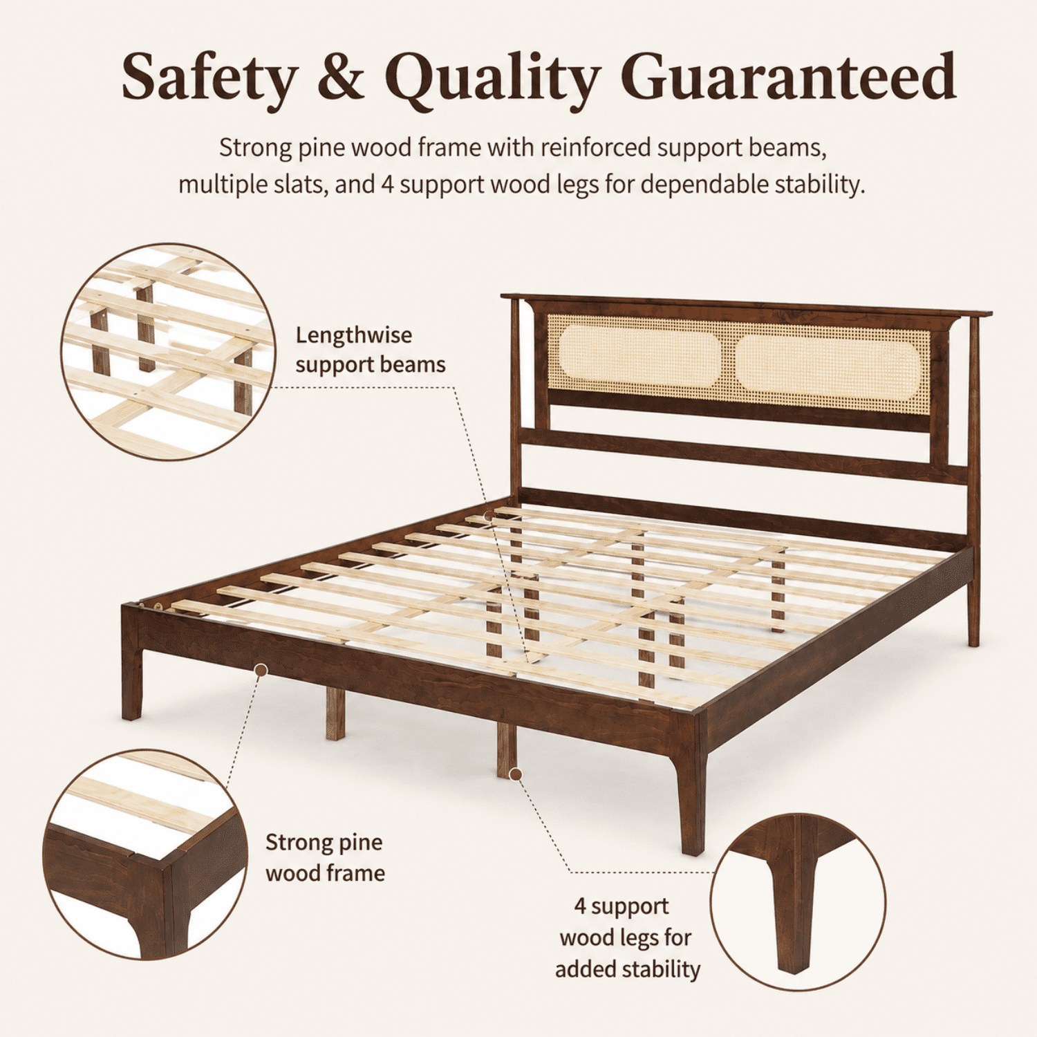Miniyam King Bed Frame with PE Rattan Headboard, Pine Platform Bed, Walnut