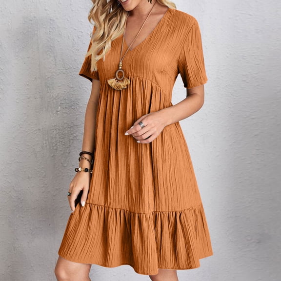 LEKWK Womens Summer Dresses V Neck Short Sleeve Ruffle Mini Dress Pleated Swing A Line Loose Fit Casual Sundresses Fashion Flowy Beach Vacation Outfits