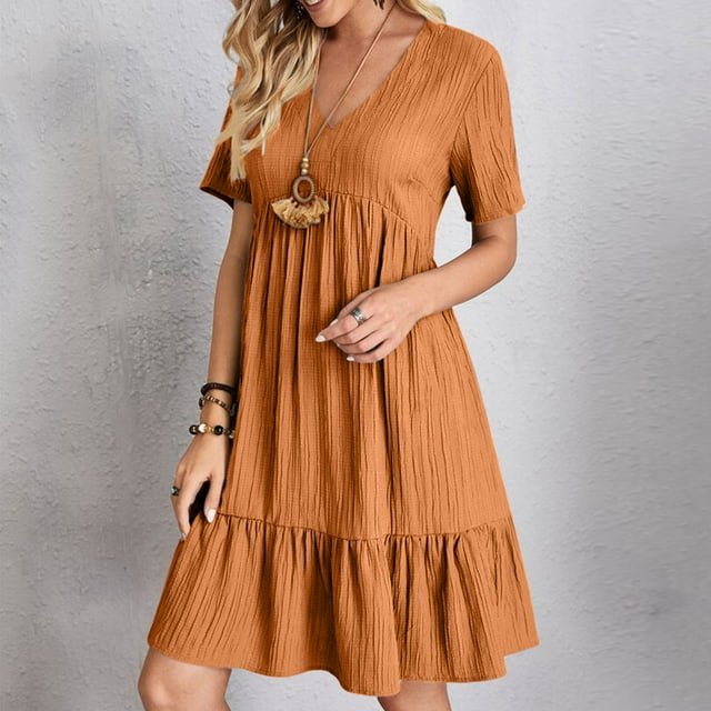 Ovzne Robes d'Été pour Femmes 2025 Robe Mode Femmes Été Décontractée Col en V Manches Courtes Mini Robe Grande Taille Robe Maxi Manches Courtes Liquidation