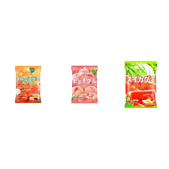 3 Pack Kasugai Gummy Candies, Made in Japan, Gluten Free, Mix 3 Flavor (Assortment,Peach,Watermelon) Plus NineChef Brand Long Handle Coffee Spoon