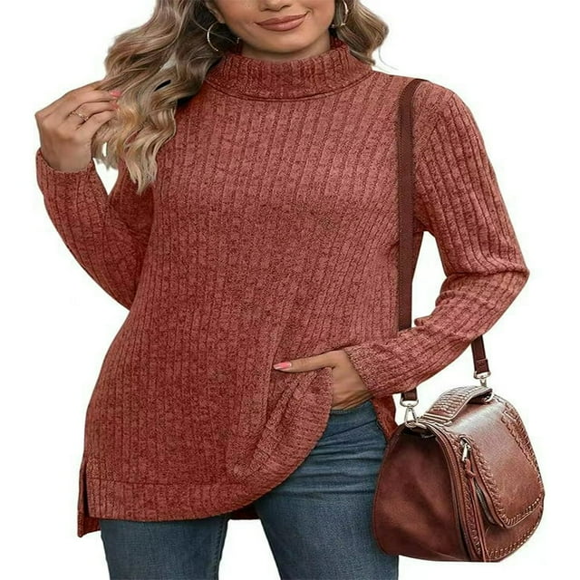 Ribbed Turtleneck Top for Women - Long Sleeve Basic Shirt with Side Slit