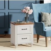 Off White 2 Drawers Nightstand with Charging Station, Solid Wood Legs Side Table for Bedroom