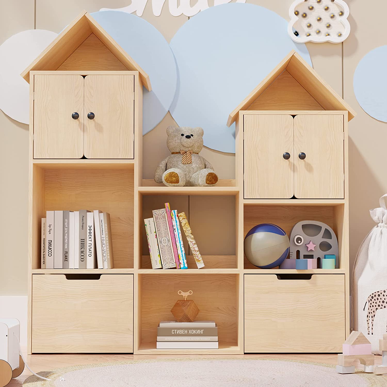 Cozy Castle Wooden Kids Bookshelf with Toy Box, Toy Storage Organizer