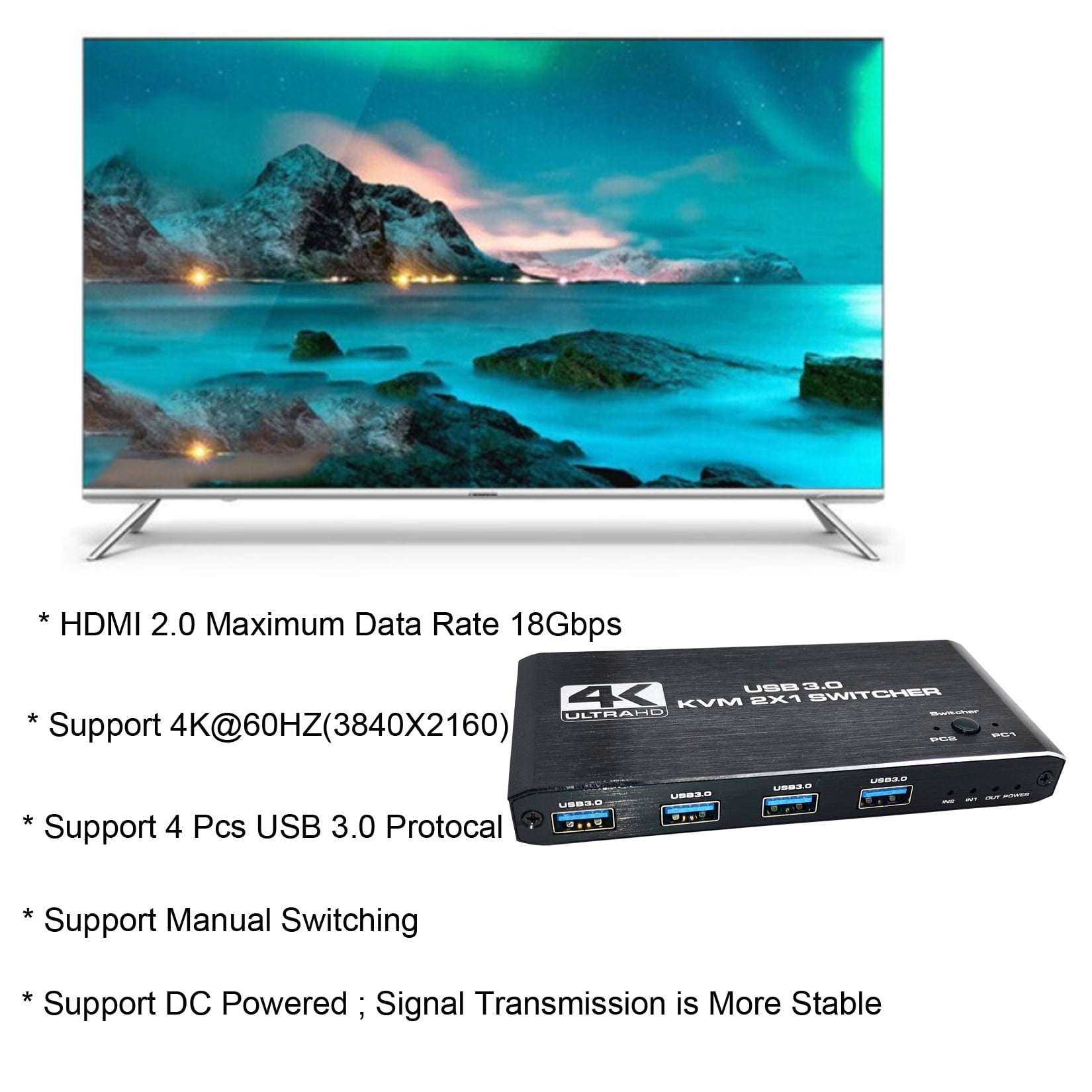 HDMI KVM Switch 4K@60HZ USB 3.0 Switch HDMI 2 in 1 Out KVM Switch Box Keyboard Mouse Printer Switcher,HDMI2.0 Ports + 4X USB KVM Ports,KVM Switch 2 Computers 1 Monitor with 2 USB Cables Support 4K@60H
