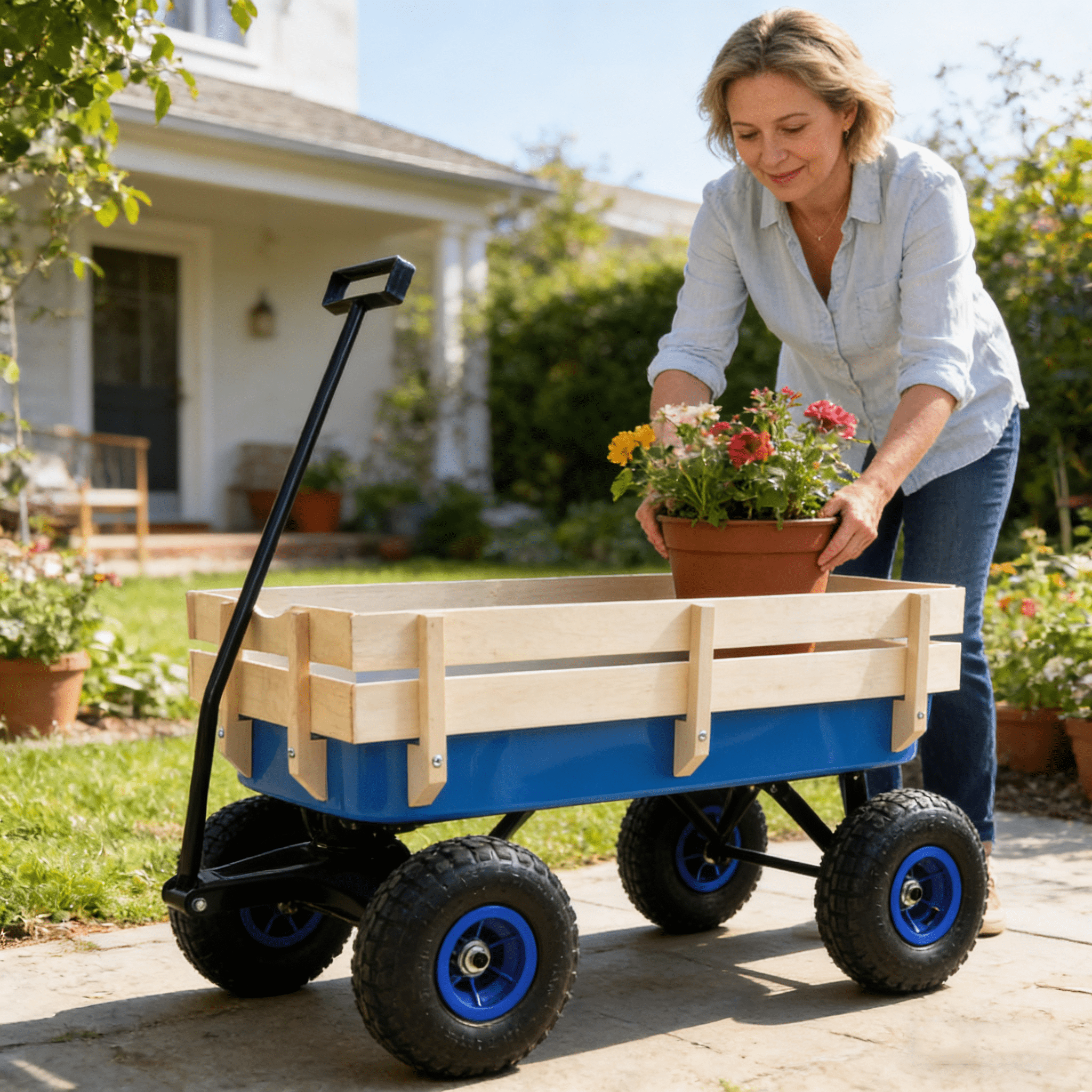 Outdoor Wagon All Terrain Pulling Wood Railing Air Tires Garden Cart