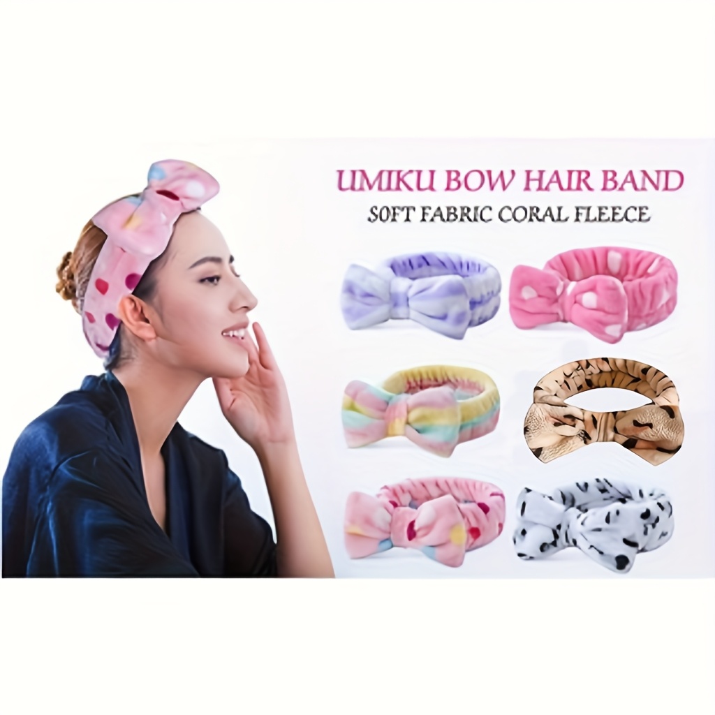 6-Pack Cute Flannellette Bow Hair Bands for Women, Adjustable Elastic Hair Ties, Soft Coral Fleece, Butterfly Print, Spa Hair Accessories for Makeup, Face Washing, and Shower