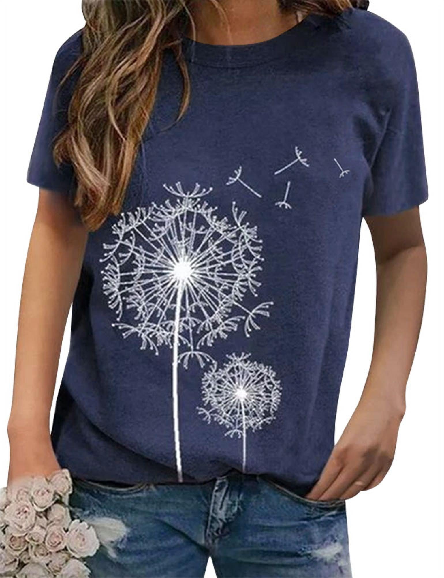 ZXSXSY Women Crew Neck Short Sleeve Dandelion Printed Top