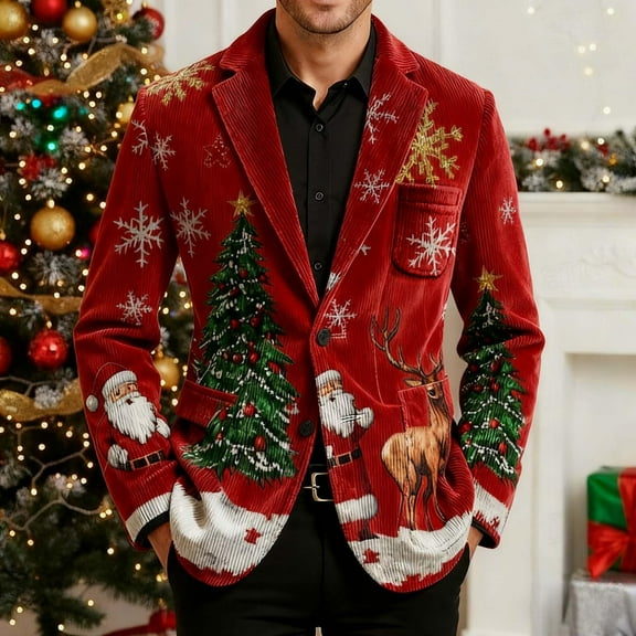 Ugly Christmas Blazer Men Corduroy Slim Fit Jacket 3 Button Funny Xmas Print Vintage Holiday Party Sport Coat Mint Green 3XL