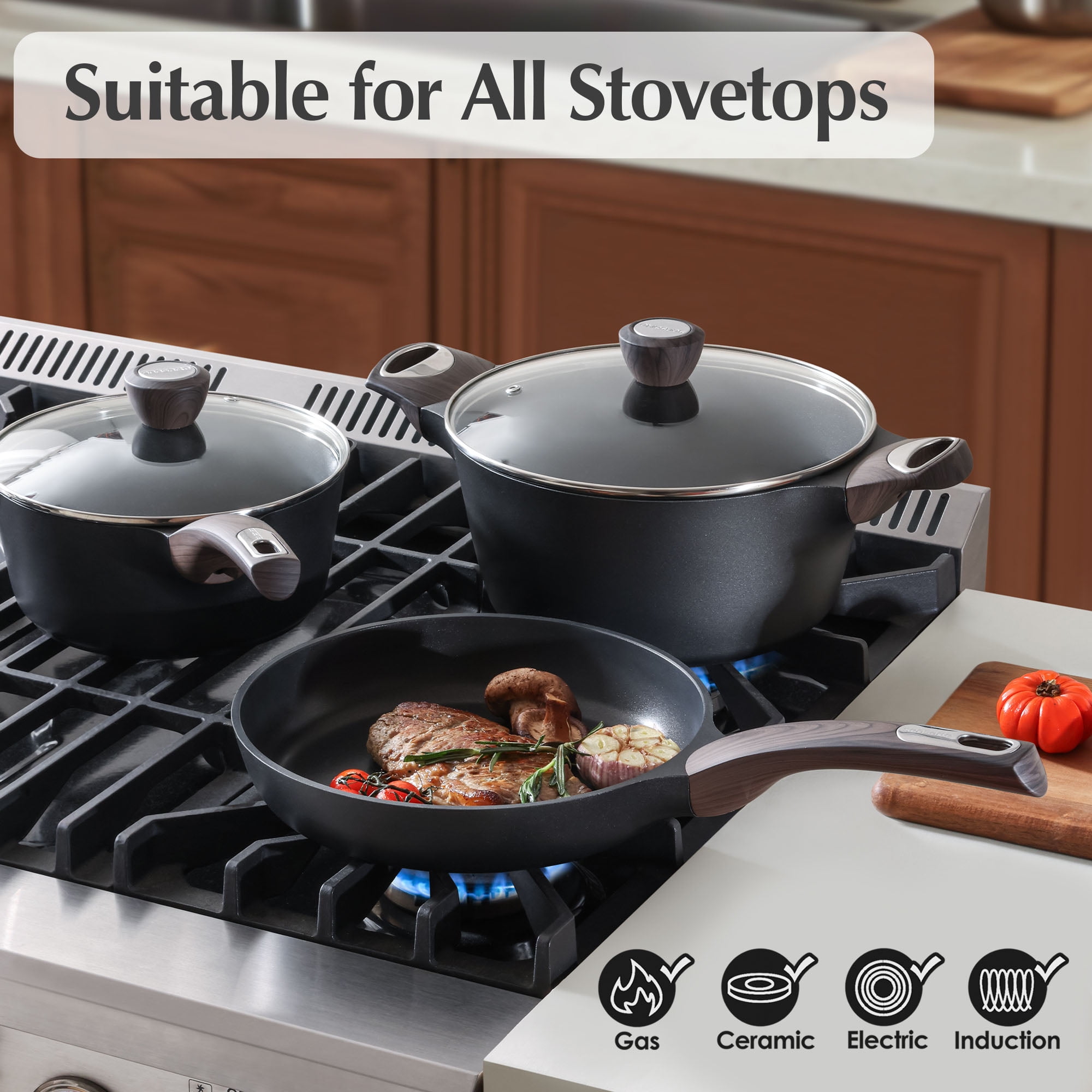 SENSARTE 13-Piece Nonstick Pots and Pans Set, Black Healthy Cookware Set, Kitchen Cooking Sets with Stay-Cool Handles, Induction Compatible, Stackable