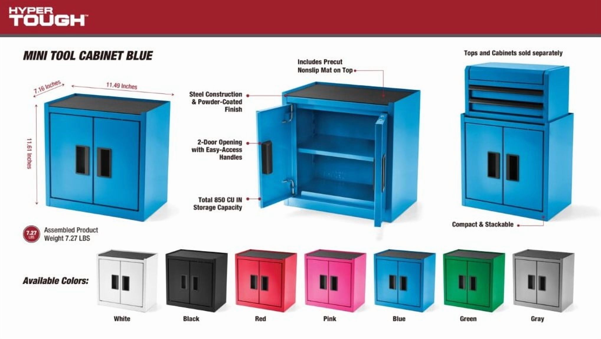 Hyper Tough Mini Tool Cabinet, 11.6-inch Blue Steel Storage with Double Doors & Top Mat