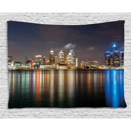 Detroit Decor Tapestry, Modern Metropolis Cityscape at Night Time Detroit River Colorful Reflection, Wall Hanging for Bedroom Living Room Dorm Decor, 60W X 40L Inches, Multicolor, by Ambesonne
