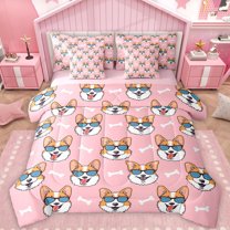 Feelyou Funny Dog Pug Bedding Comforter Set 7pcs for Kids, Cute Dalmatian Lover King Bedding Sets, Girly Pink Cartoon Reversible Bed Sheets, Lightweight Room Decor
