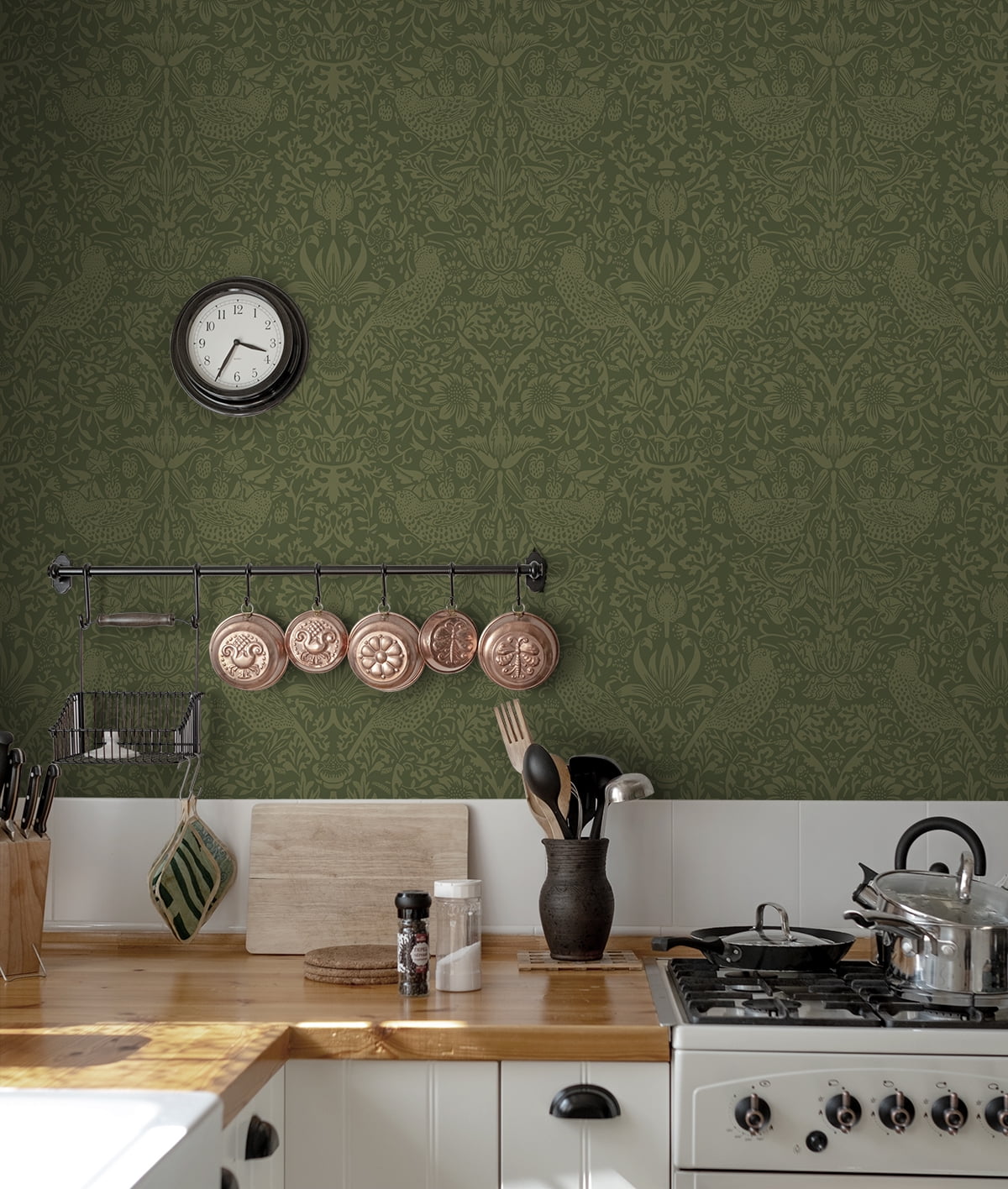 NextWall Moss Green Tonal Bird Garden Peel and Stick Wallpaper