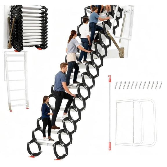 12-Steps Attic Ladder Pull Down System, 1300 LBS Wall Mounted Attic Ladder, 10 FT Ti-Mg Alloy Attic Stairs, 27.6x24 Telescopic Attic Stairs, Collapsible Scissor Attic Stairs for Loft Garage, Basement