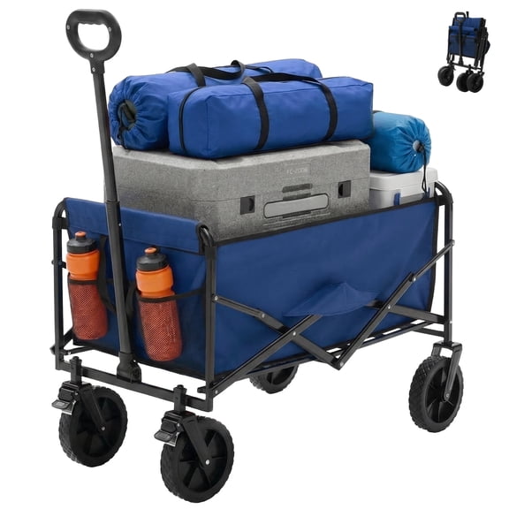 Foldable Wagons Carts with All-Terrain Wheels, Portable Shopping Wagon Large Capacity Utility Cart with Drink Holders, Heavy Duty Collapsible for Sand, Beach, 37 inch, Blue