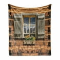 thumbnail image 1 of Shutters Soft Flannel Fleece Throw Blanket, Weathered Facade of a Mountain Hut with Summer Mountain Reflections on Window, Cozy Plush for Indoor and Outdoor Use, 60" x 80", Brown Green, by Ambesonne, 1 of 6