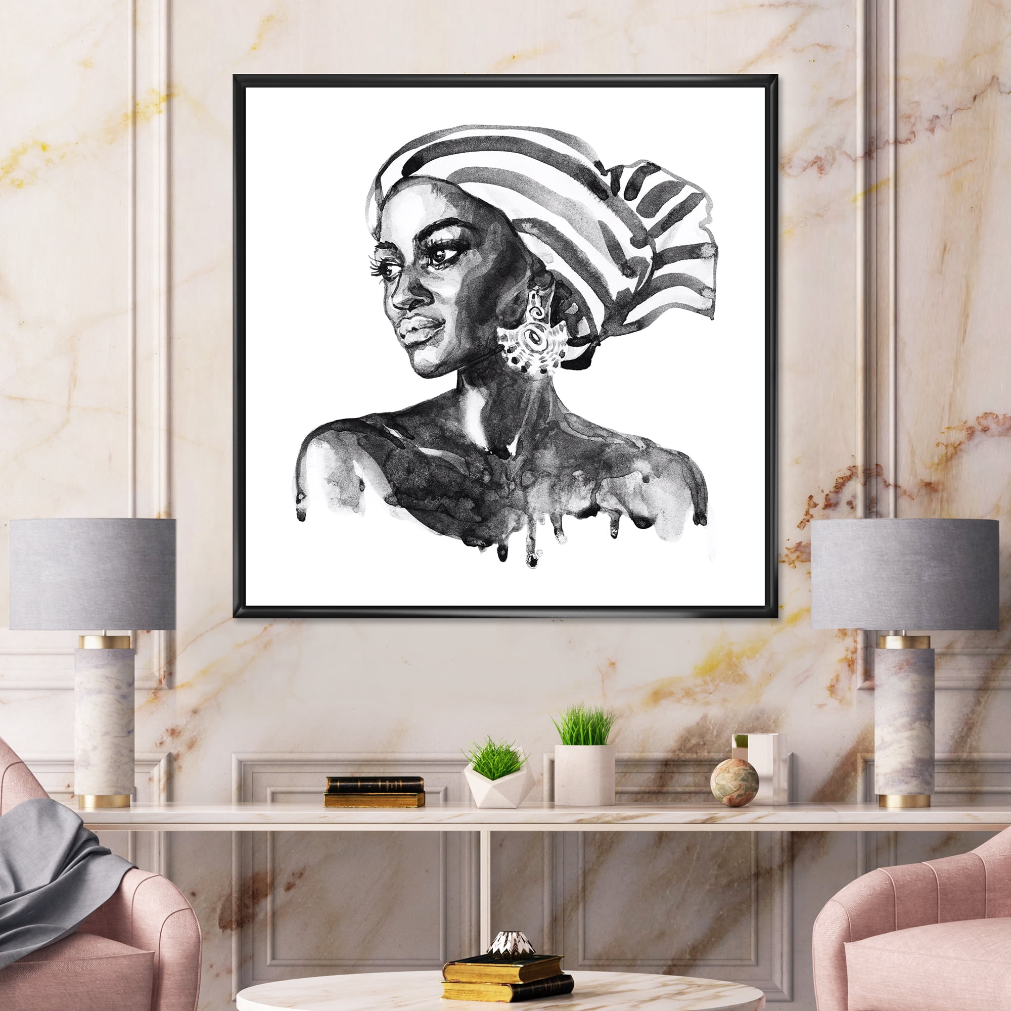 Designart 'Portrait of Afro American Woman XII' Modern Framed Canvas Wall Art Print