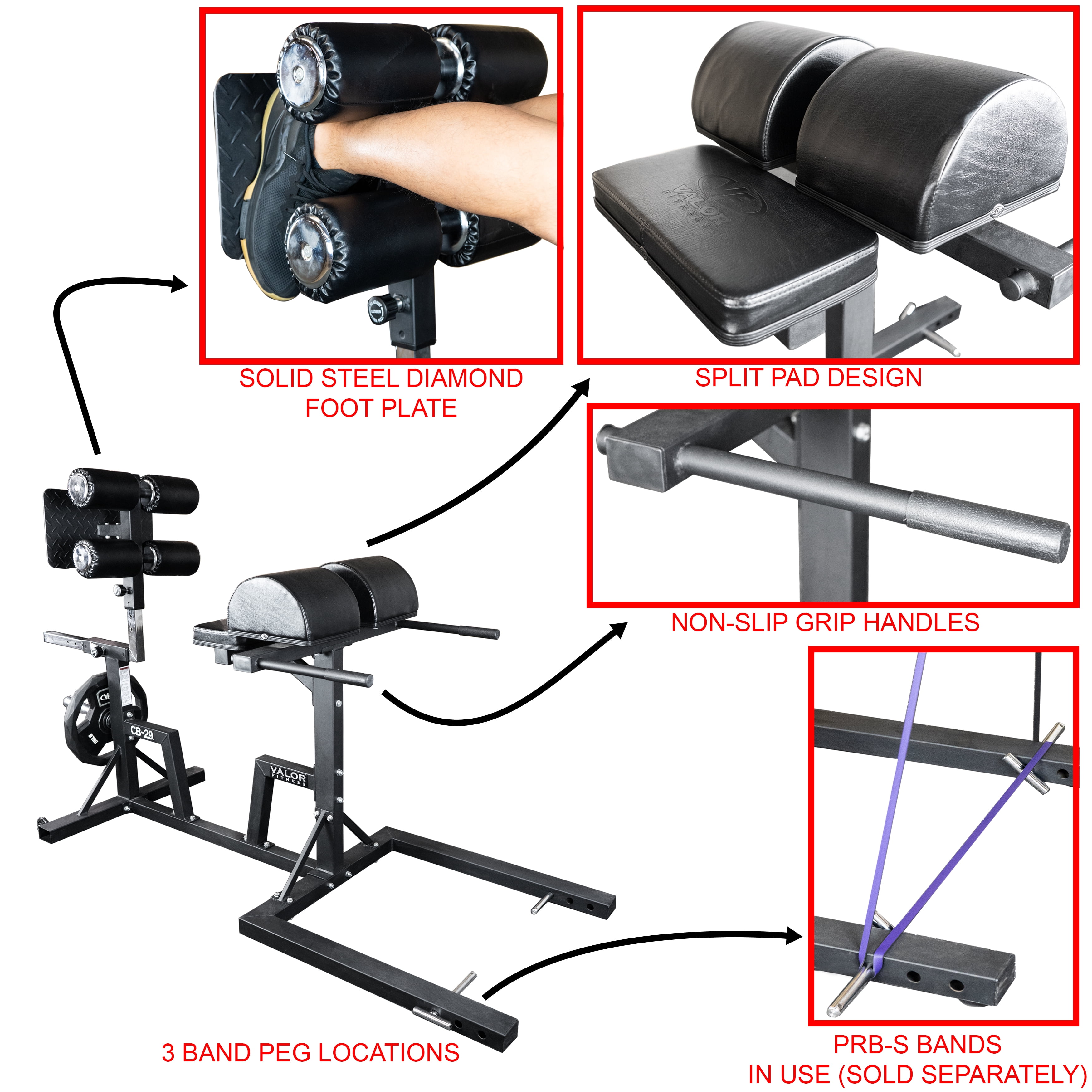 Valor Fitness Glute Ham Developer Machine - Adjustable GHD Equipment- Max Weight 400 lbs - Ab Core Hip Back Workout - Hyperextensions Sit Ups – Includes Band Pegs - Olympic Plate Storage - Home Gym -