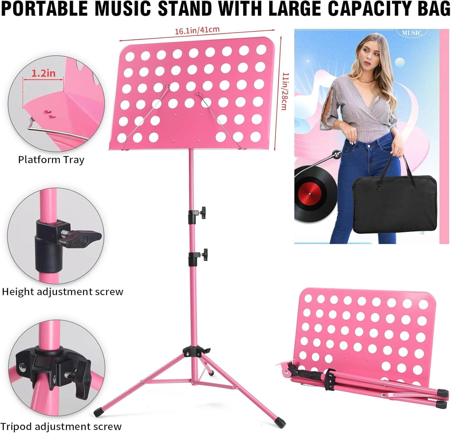 JaxAura Sheet music stands,Pink Music Stand, Portable Music Sheet Stand, Foldable and Height-Adjustable Music Stand with Bag, Suitable for Playing Musical Instruments and Traveling Out
