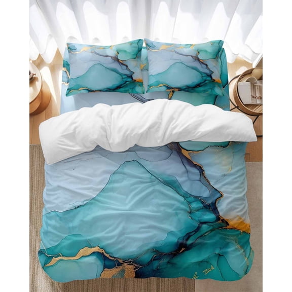 Turquoise Marble Bedding Duvet Cover Set Full Size 4 Pieces Teal Green Abstract Marble Gradient Texture Bedding Set with Zipper Closure, 1 Comforter Cover 86x86 Inches 1 Flat Sheet & 2 Pillow Cases