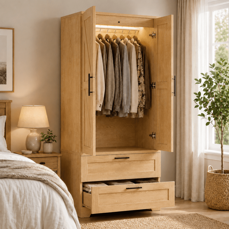 Lacoo Beige Wardrobe Armoire, 70.8 in, 2 Drawers, Motion-Sensor Light