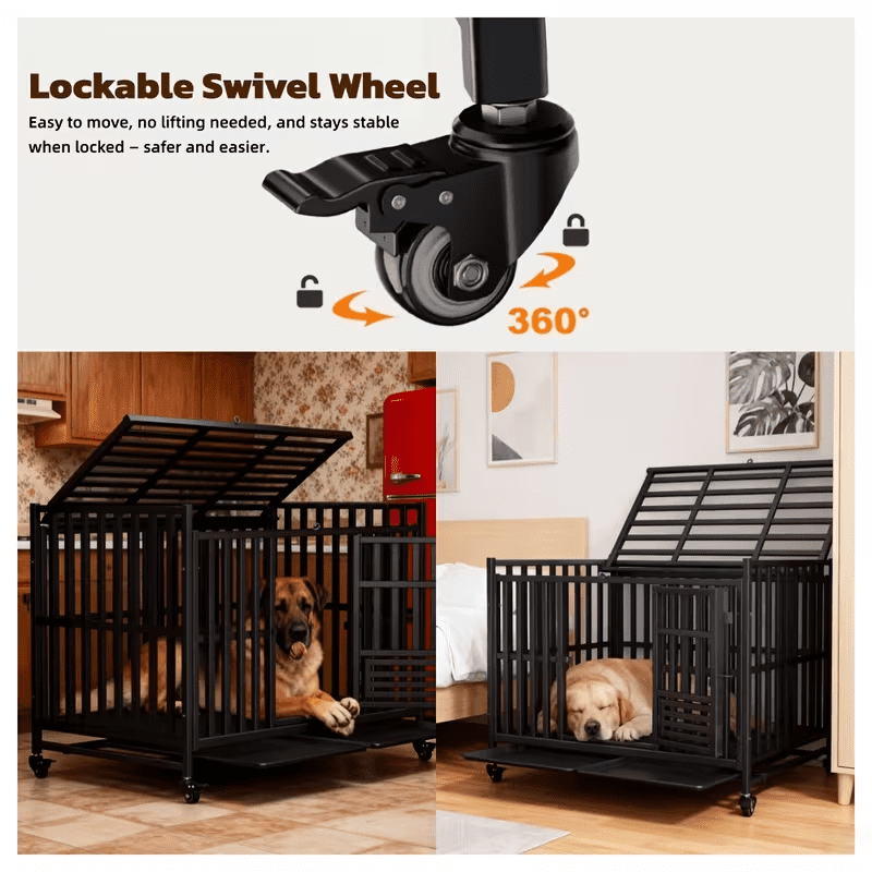 Indestructible Heavy Duty Dog Crate for Dogs, Escape-Proof Metal Kennel with Lockable Wheels & Removable Tray, Reinforced Steel Frame, Easy to Clean
