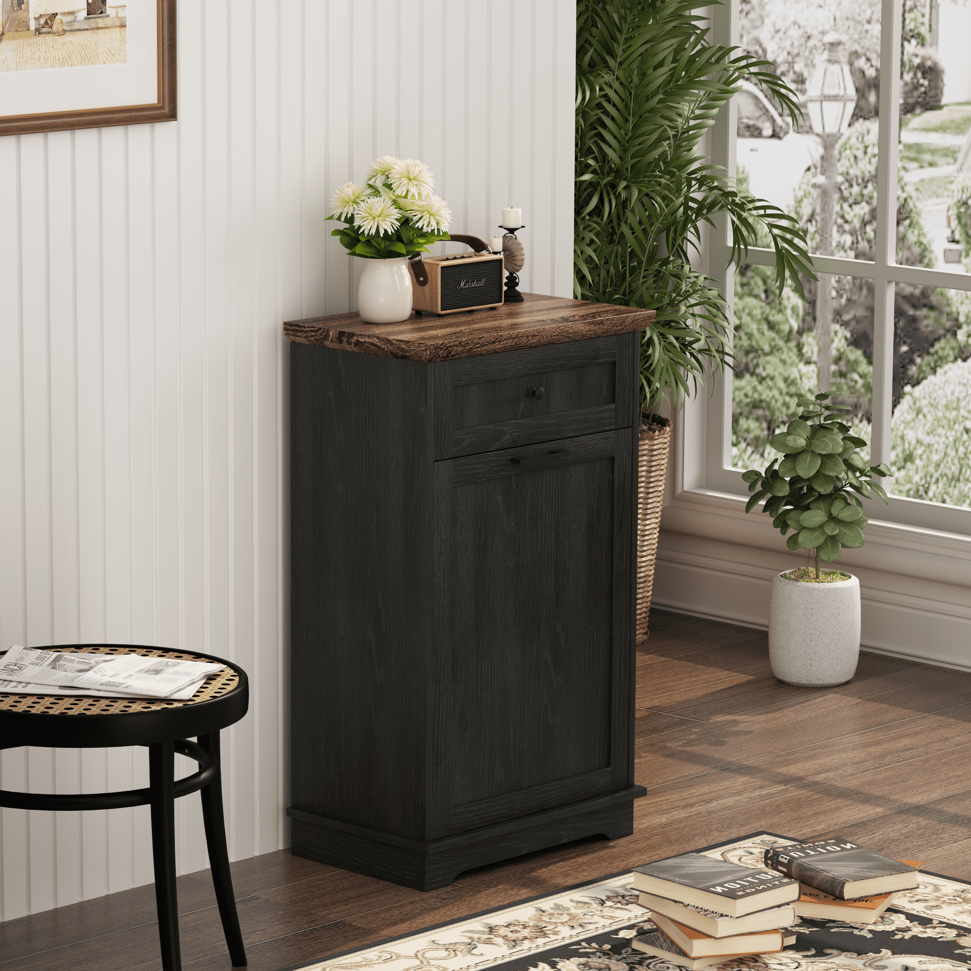 10 Gallon Tilt Out Trash Cabinet Freestanding Trash Bin Cabinet Wood Garbage Recycling Cabinet with Hideaway Drawer Pet Proof Trash Can Holder for Kitchen Living Room, Antique Black (not include can)