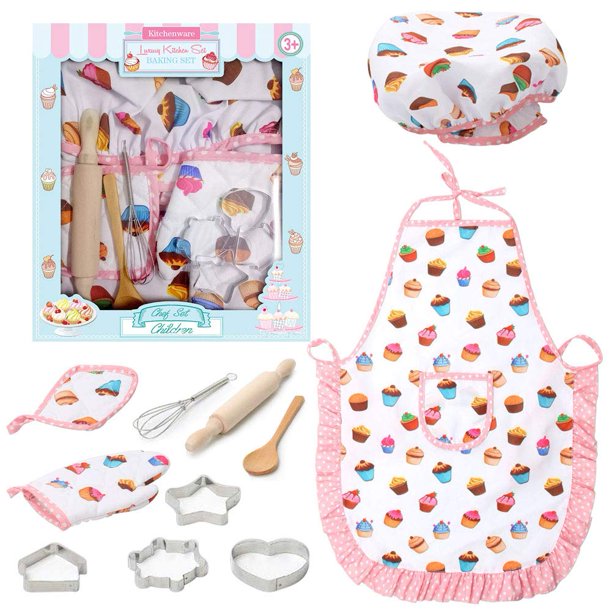 Juego de disfraces de chef con 3 nutrias para niños, delantales, herramientas para hornear, 11 unida