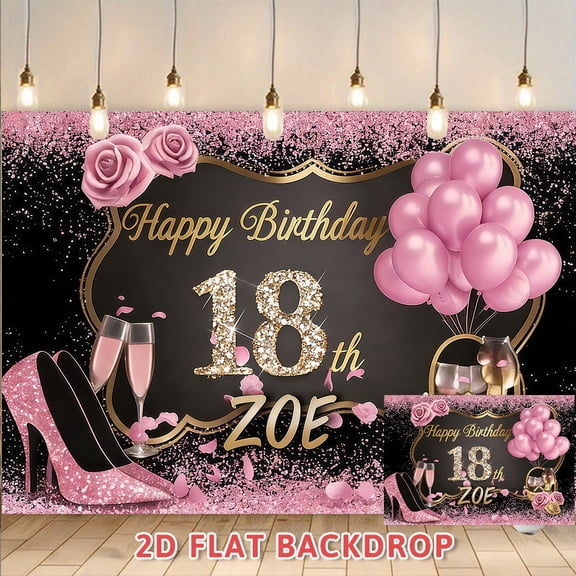 18th Birthday Backdrop Pink Black Gold Glitter Decor, Custom Name Birthday Banner for Adult Birthday Party, Perfect for Birthday Banquet Photo Booth Party Decoration Supplies