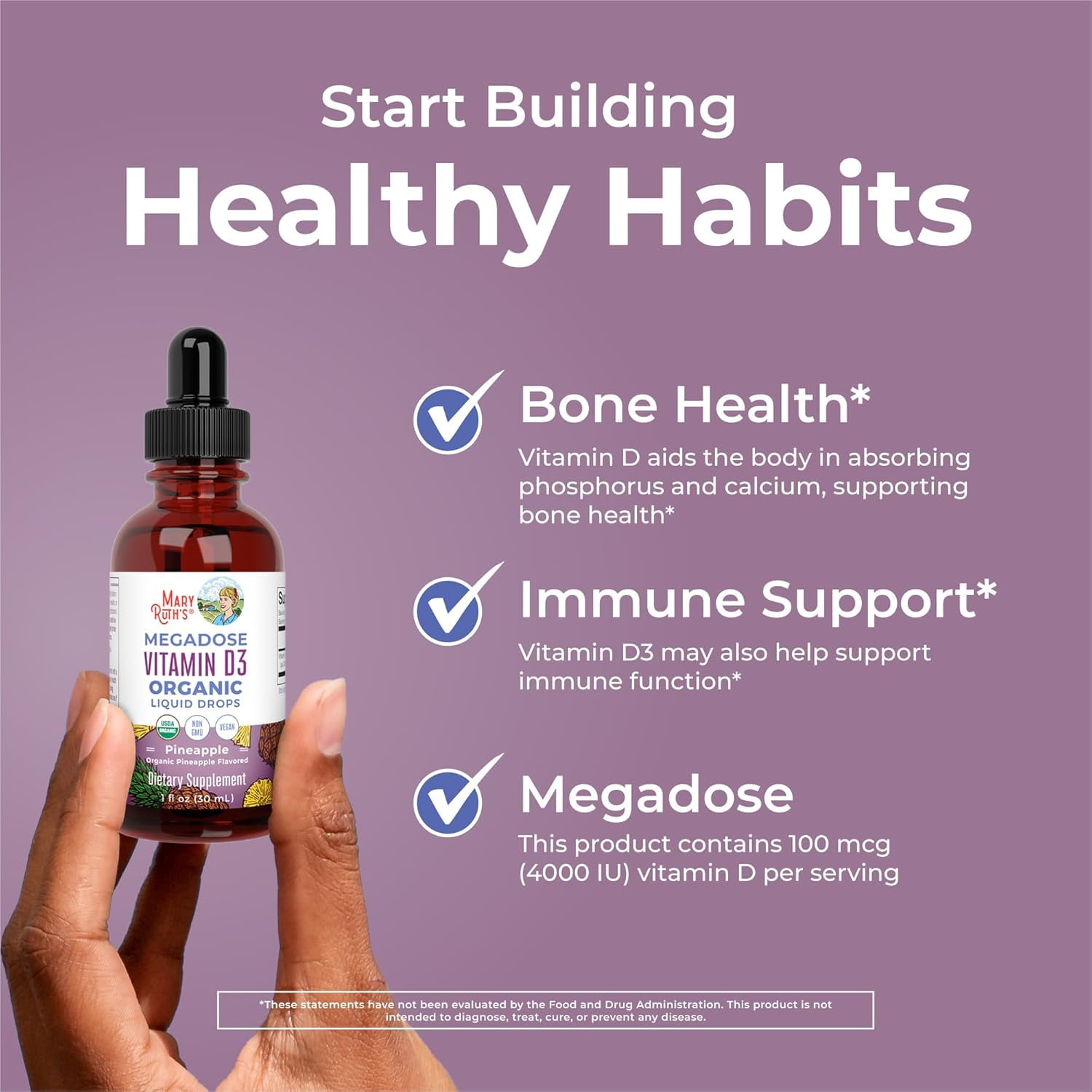 MaryRuth's Megadose Vitamin D3 Liquid Drops, USDA Organic, Vegan, 100 Mcg for Immunity Bone and Muscle Support, Unisex, 1 Count, 1 fl oz