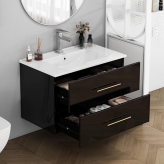 24-Inch Black Wall Mounted Bathroom Vanity With Sink Combo – Floating Cabinet, 2 Doors, Soft-Close, Modern