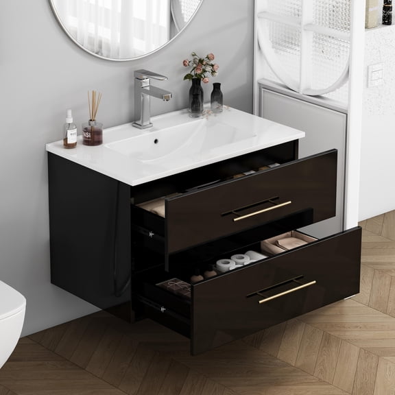 30in Bathroom Vanity with Sink Ceramic & 2 Drawers,Wall Mounted Floating Cabinet