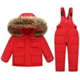 thumbnail image 2 of Lilgiuy Boys Girls Down Snowsuit Outerwear 2Pcs Clothes Winter Windproof Stretch Multi-color Hooded Jacket Snow Ski Bib Pants Outfits Set Christmas Birthday Gift Red (1-6Years), 2 of 5