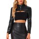thumbnail image 1 of Chaqueta recortada de manga larga con cremallera y cuello alzado de cuero sintético para mujer INSPIRE CHIC XS negra, 1 of 6