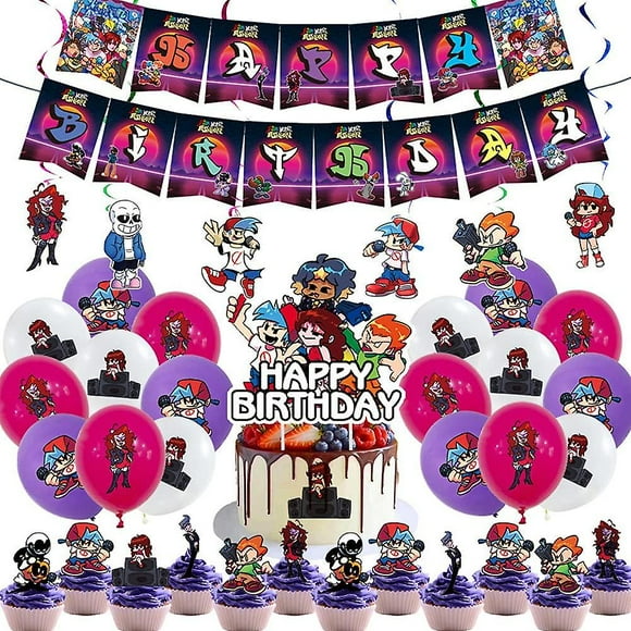 Friday Night Funkin Kit de Décorations d'Anniversaire, 50 Pcs Friday Night Funkin Fournitures de Fête Incluent Bannière Joyeux Anniversaire Topper de Gâteau Ballons Tourbillons Birt-SHUNJING