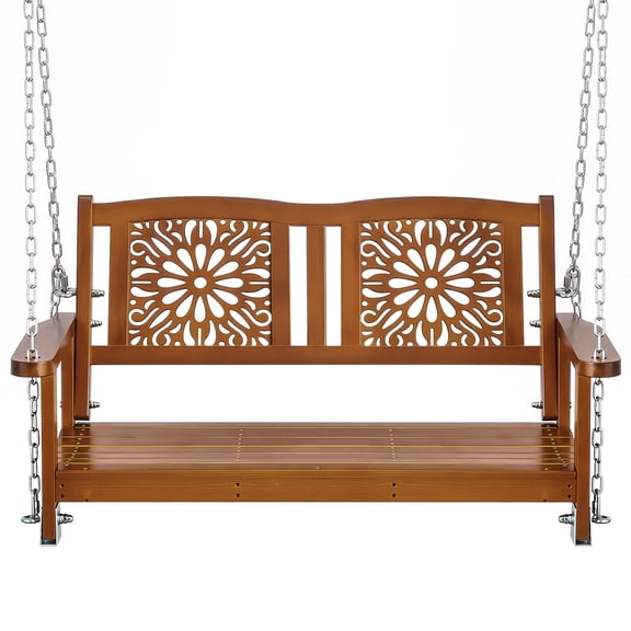 Zimtown 3.7ft Dark Brown Wooden Swing with Double-Sided Vine Pattern Backrest, 4.6mm Iron Chain, Patio Yard Porch Hanging Seat