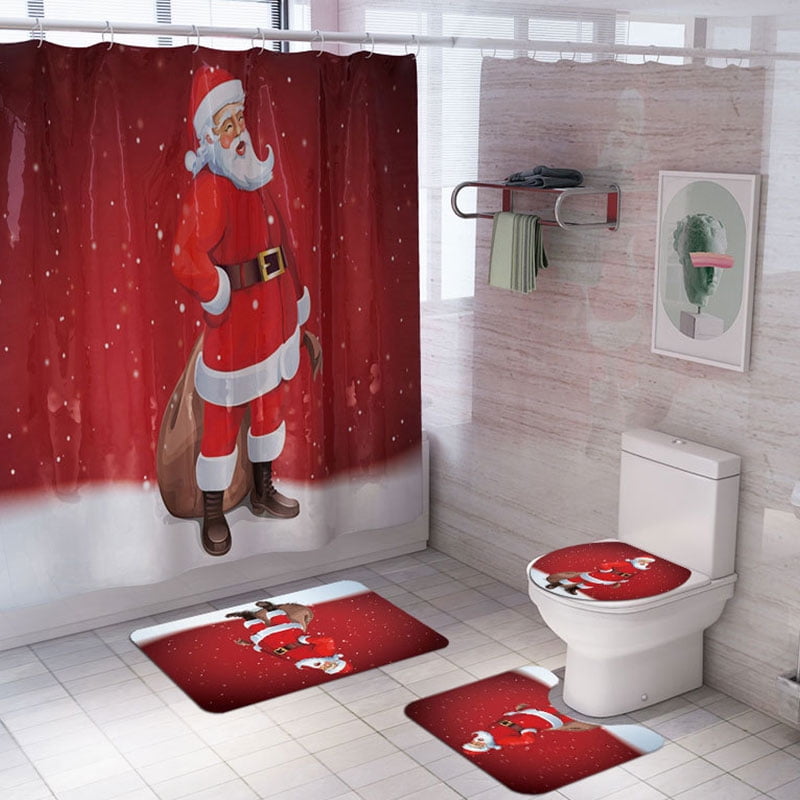 Christmas Snowman Printed Bathroom Shower Curtain Toilet Waterproof Cover Mat US 