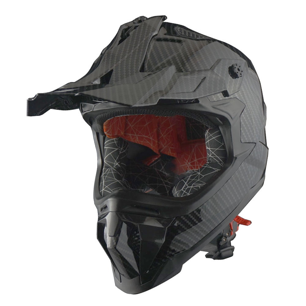 1Storm Adult Motocross Helmet ATV Dirt Bike BMX MX Downhill Mountain Helmet Track Style JH601; Carbon Fiber Black + Goggles + Skeleton Black Glove Bundle