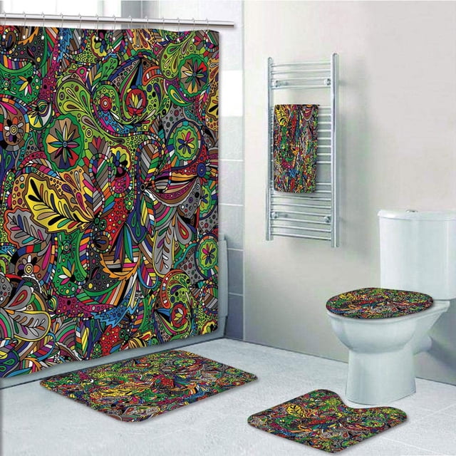 EREHome Coloré Funky Frisé ed Ethnique Griffonnages Enchevêtré Trippant Pyschedelic Botanique Nature 5 Pièce Salle de Bain Ensemble Douche Rideau Bain Serviette Bain Tapis Contour Tapis et WC Couvercle