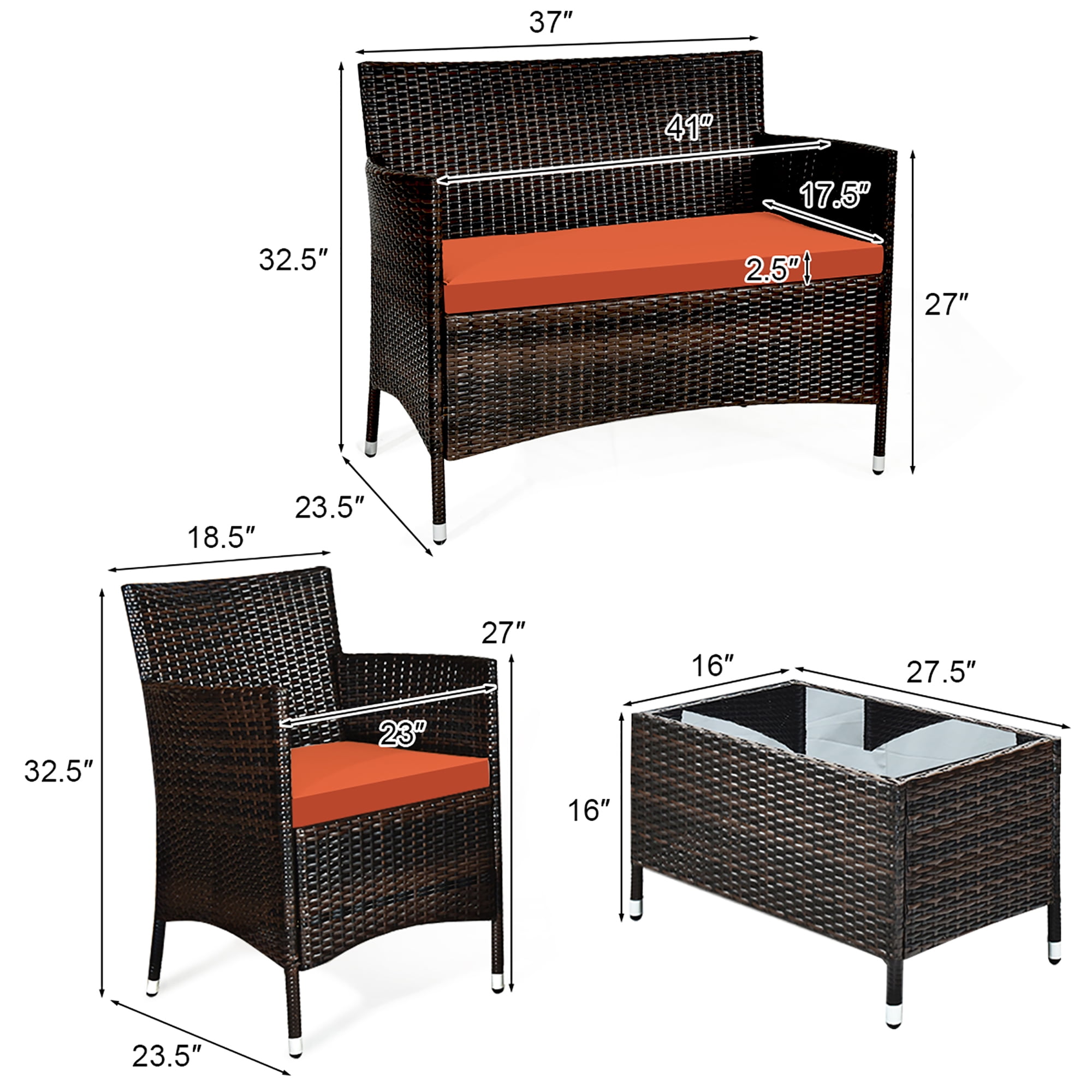Gymax 8PCS Patio Rattan Conversation Furniture Set Outdoor w/ Orange Cushion