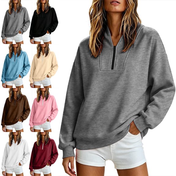 Sweatshirt for Women Pullover Lightweight Quarter Zip Collar Long Sleeved Loose No Hoodies Sweatshirt