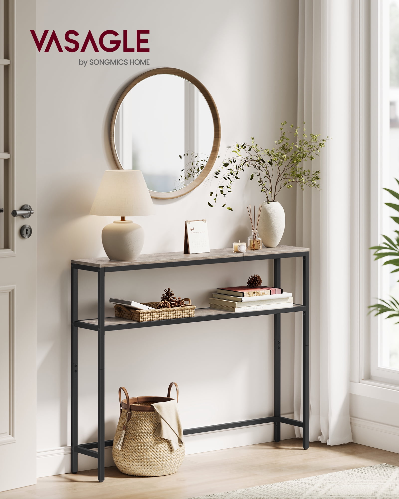 VASAGLE Console Table, 2-Tier Narrow Sofa Table with 2 Shelves, 7.9 x 31.5 x 31.5 Inches, Heather Greige and Ink Black